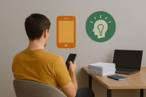 Junger Mann schaut aufs Smartphone, während Stapel unerledigter Aufgaben auf dem Schreibtisch liegt.