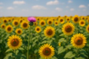 Sonnenblumenfeld mit einer Distelblühte im Vordergrund
